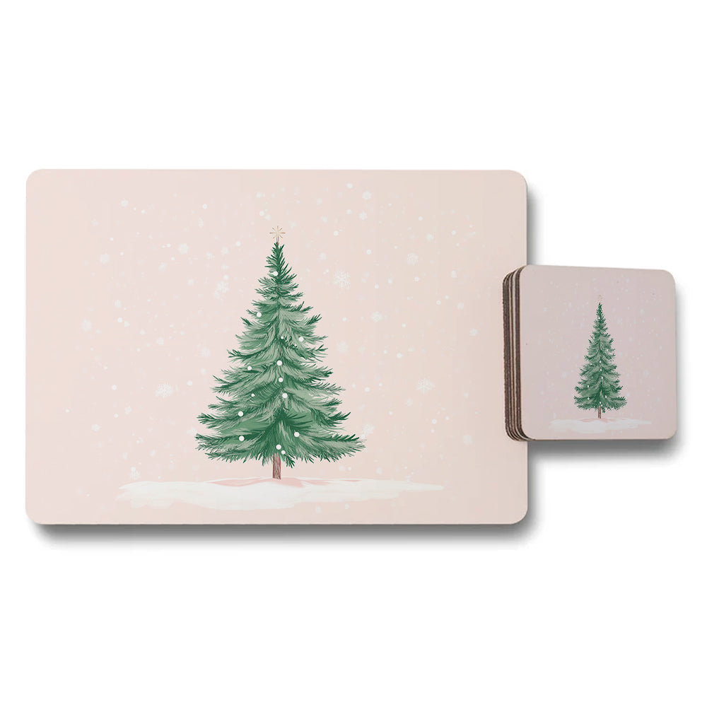 Christmas Tree Placemat And Coaster Set Pink Snowfall Design
