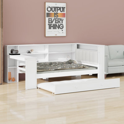Platform Bed with Storage Shelves, Trundle, Charging Station,  Desk and Upholstered Headboard