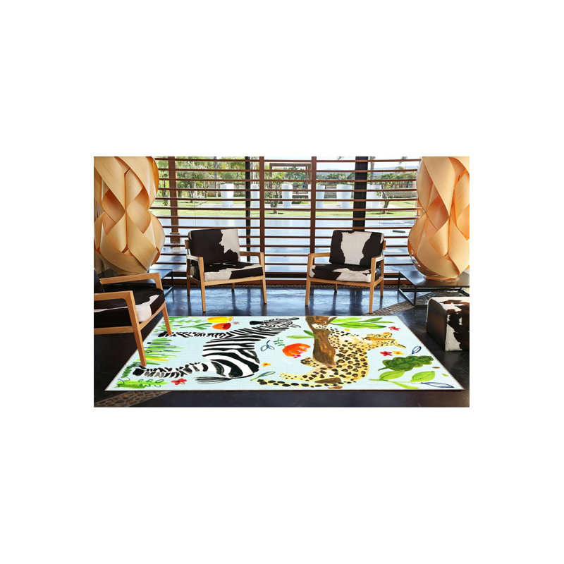 Tapis décoratif zèbre à motif léopard bleu clair lavable à la machine, Sous-tapis rectangulaire 5 pi 1 po x 7 pi 7 po inc
