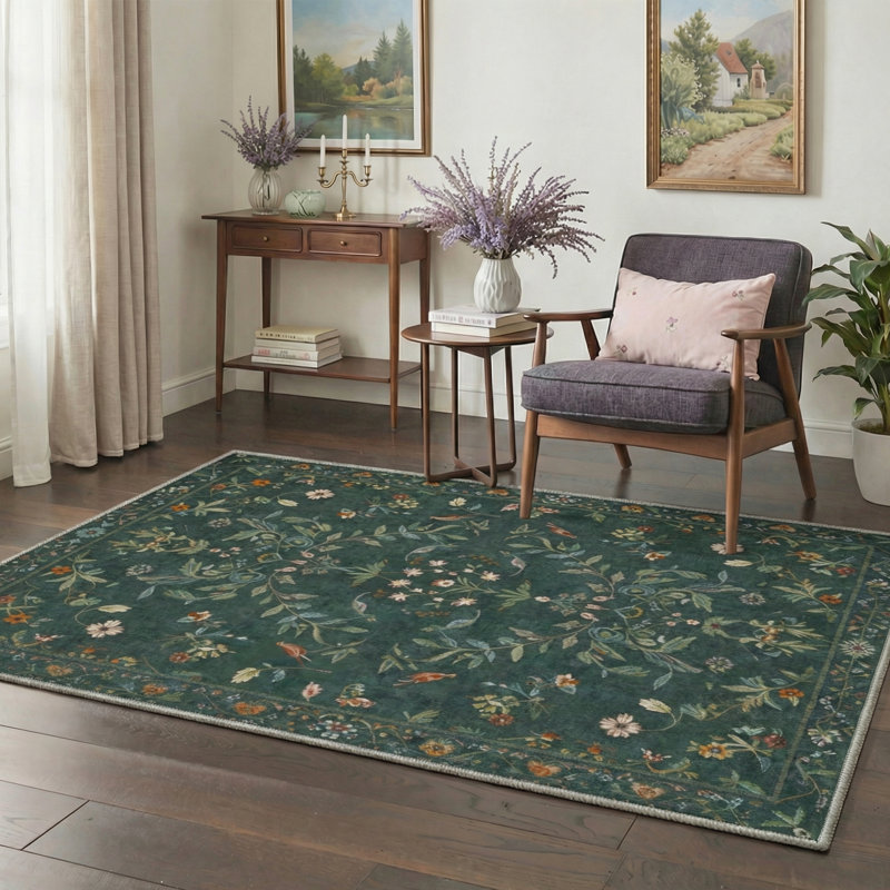 Tapis intérieur vert forêt lavable à la machine avec envers antidérapant Aasen, Rectangle 5 pi x 7 pi
