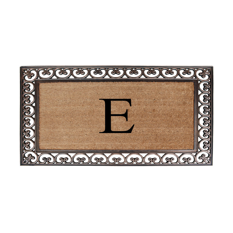 Butterfield Paisley Border Monogrammed Coir & Rubber Doormat, 30" x 48" – Heavy-Duty, Fade-Resistant Outdoor Mat in Bronze, E