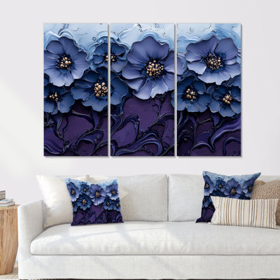 «Aqua Blue Poppies Dreamscape At Night II» - art mural coquelicots pour le salon - ensemble de 3
