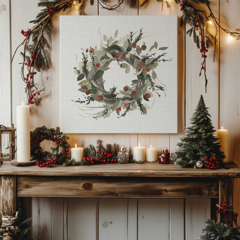 «Holiday Wreath with Berries I», reproduction sur toile dans un cadre poli, Toile tendue, H 12 po x l 12 po x P 1,25 po