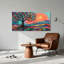 Art mural sur toile avec motif de soleil tourbillonnant orange et montagnes superposées-133470267
