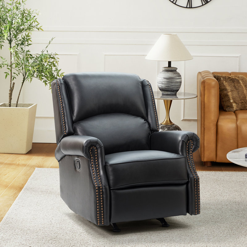 Fauteuil inclinable manuel berçant en cuir véritable de 32,67 po Westhought, Cuir véritable noir