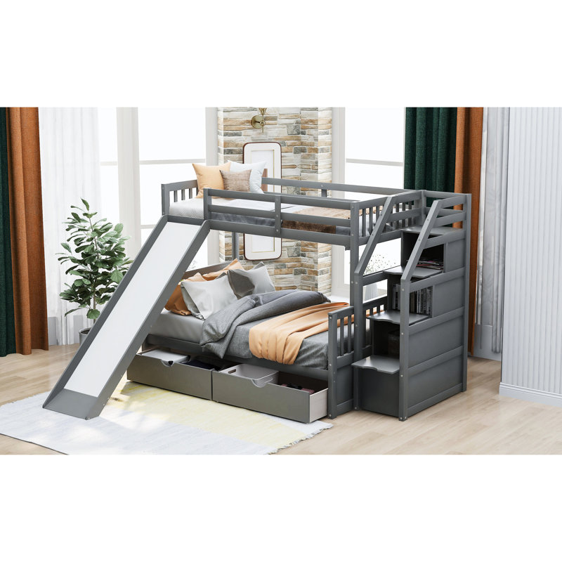 Lit superposé simple au-dessus d'un lit double gris - Possède une conception multifonctionnelle avec des tiroirs et une structure de glissade stable