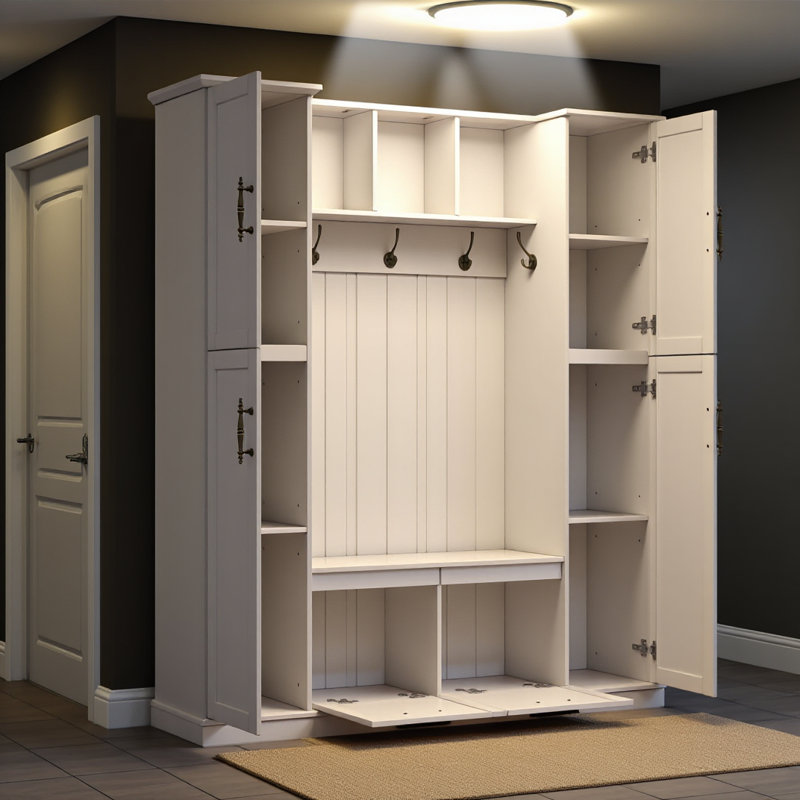 Farmhouse Elegant Hall Tree with 4 Side Cabinets, All-in-One Mudroom Furniture with Adjustable Shelves & Open Cubbies, Beadboard Entryway Bench with Coat Rack & 5 Hooks for Hallway, White