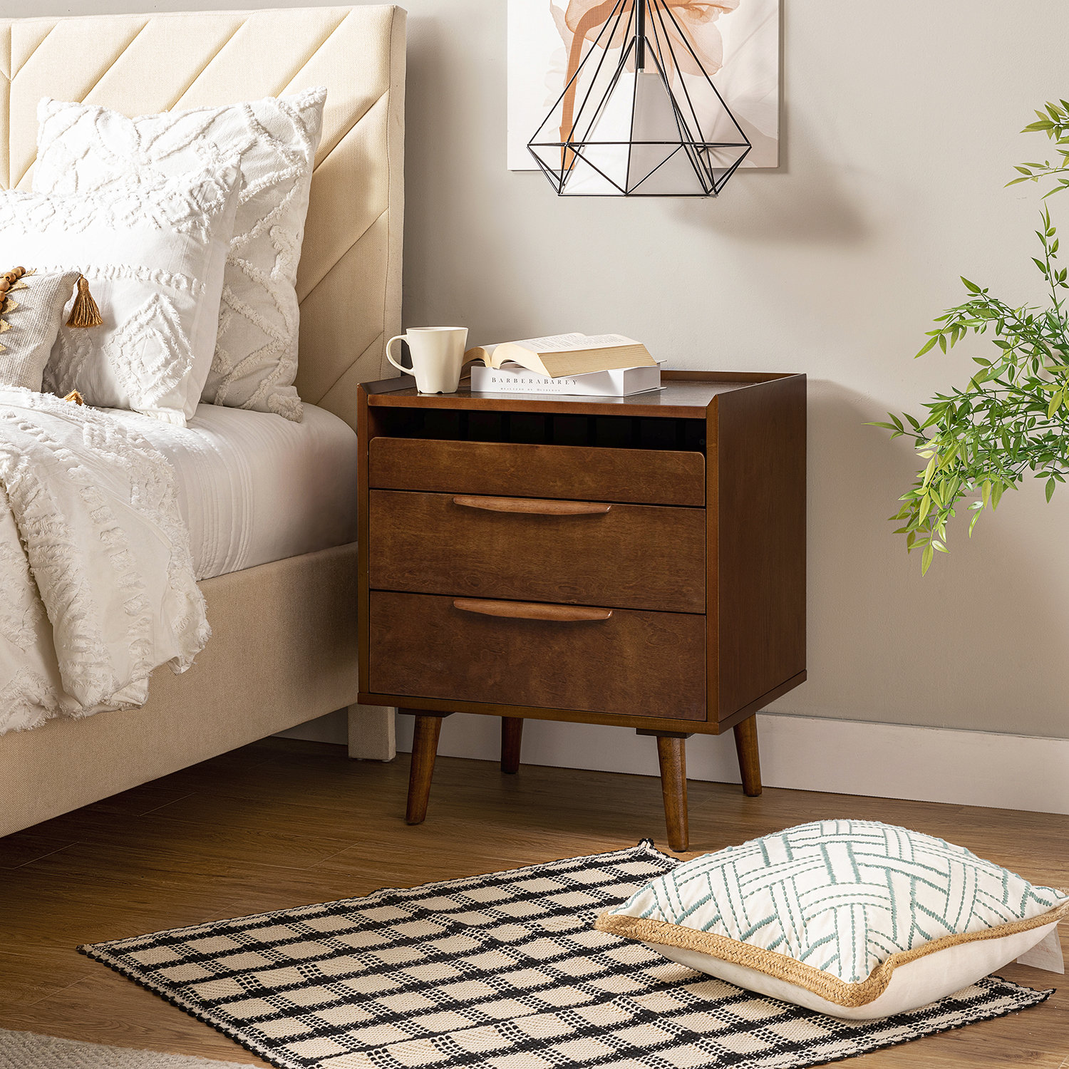 Corrigan Studio Sebrina Mid century Modern 3 Drawer 28 Tall Nightstand with Built In Outlets and Solid Wood Legs Reviews Wayfair