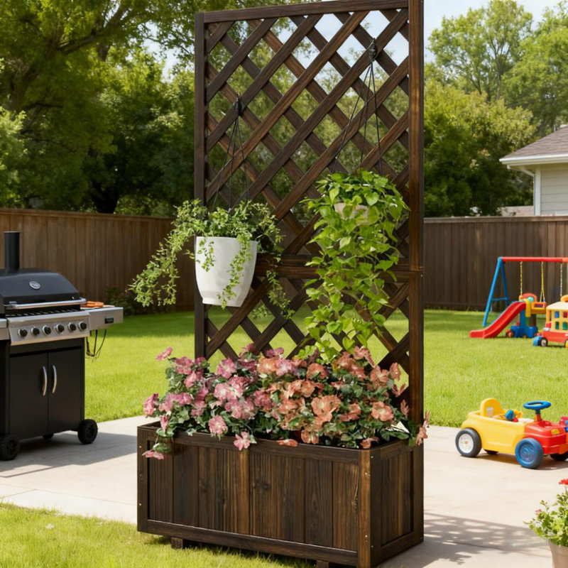 Garden Bed,Wooden Raised Garden Bed Planting Planter Box with Trellis and Drain Holes
