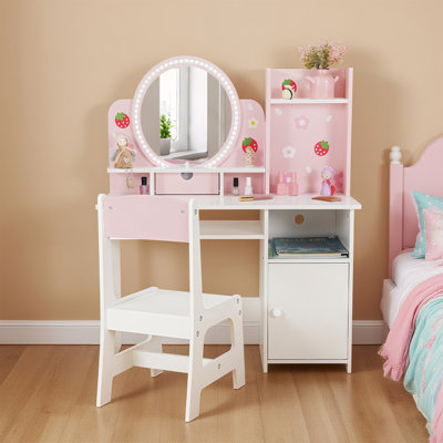 2 In 1 Toddler Vanity Desk And Chair Set With Adjustable Light, White&pink Makeup Vanity With Open Storage Shelf