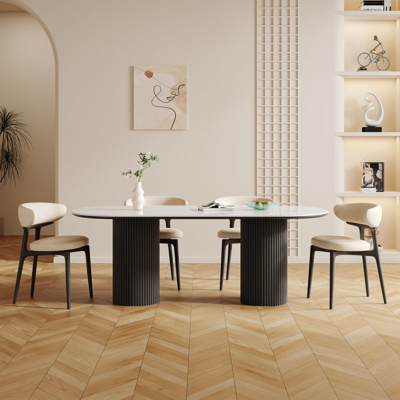 Maxsony Mid Century Dining Table with Glossy Stone Tabletop, Rectangular  Kitchen Table with Solid Wood Double Pedestal for 6