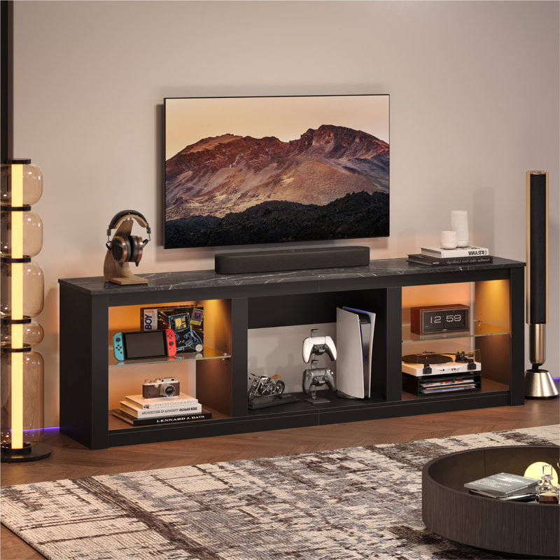 Kruszewski 70" TV Stand Fits TVs Up To 75" with LED Lights Glass Shelves and Open Storage, Black