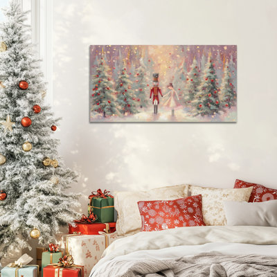 Grandes photos de Noël rétro - Art mural sur toile scène de casse-noisette en hiver pour le salon, œuvre d'art de décoration d'arbre de Noël festif pour chambre à coucher, cadre en toile de pin tendue, 24 po x 48 po