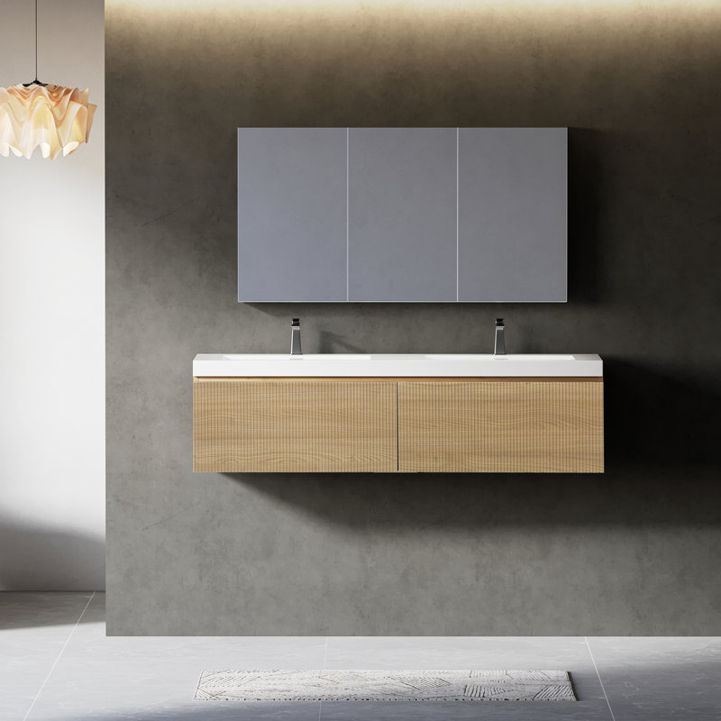 Floating Bathroom Vanity with Sink Combo, White, Oak Natural Wood, 59"