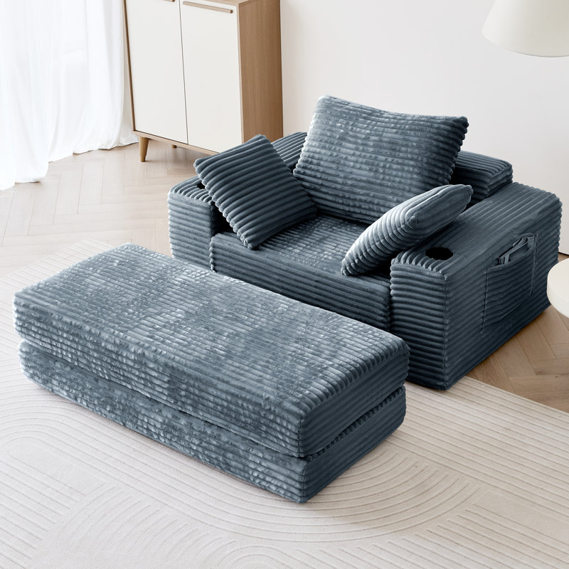Oversized Chaise Lounge Indoor, Luxurious Velvet Corduroy Convertible Armchair With Storage & Cupholder – Comfortable & Stylish 2-In-1 Sofa Chair For Small Spaces, Apartments, And Living Rooms – Plush Foam Cushion, Adjustable Lounger, 3 Elegant Colors