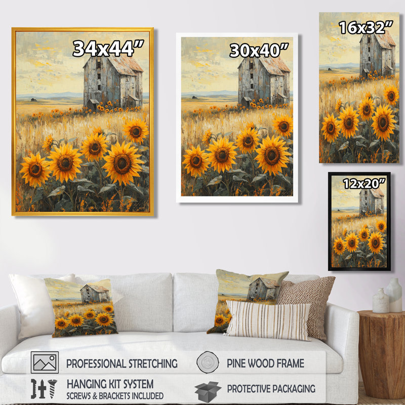 «Dotsy Sunflowers By The Grain Elevator», art mural tournesols, H 44 po x l 34 po, Reproduction avec cadre flottant, Noir