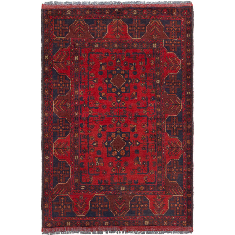 Tapis unique en laine noué à la main style Kargahi des années 2010 de 3 pi 4 po x 4 pi 11 po rouge / vert Kanedra