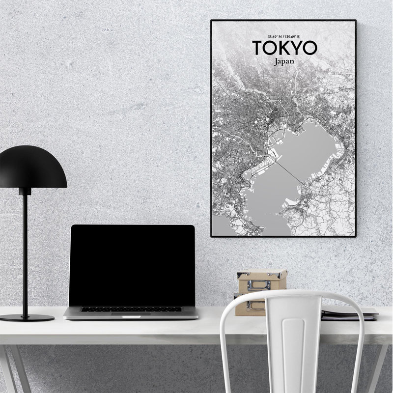 Carte de la ville de Tokyo, impression, H 36 po x l 24 po, Gris / blanc