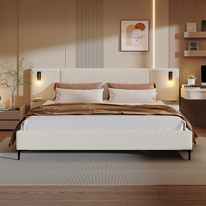 Lit tapissier Chic Boucle avec lumières et tablettes intégrées, très grand