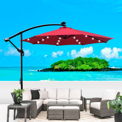Parasol de terrasse solaire de 3 m avec éclairage LED. Protection solaire imperméable pour piscine. 8 baleines à manivelle et base en croix. Toile. Mât en acier inoxydable. Éclairage à économie d'énergie. Stable. Installation facile. Vert citron.