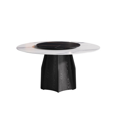 57.42" Round Sintered Stone Dining Table, Black Textured Base, 31.5" Turntable, 6-8 Seater, And To Damage Table With Artificial Top & Oak Scratch Stain