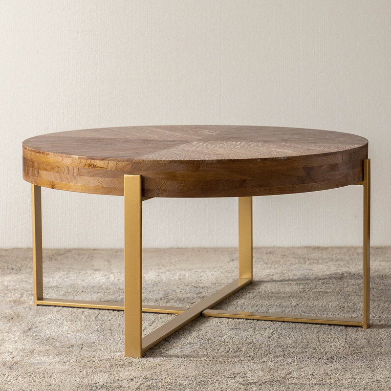33.86 Inch Modern Retro Spliced Round Coffee Table | Cedar Tabletop With Golden Cross Base, Collision Of Classic And Fashionable