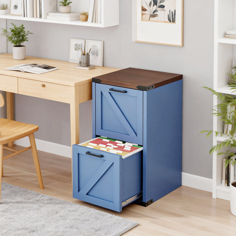 15" W 2-Drawer Barn Door Metal Pariksit, Blue