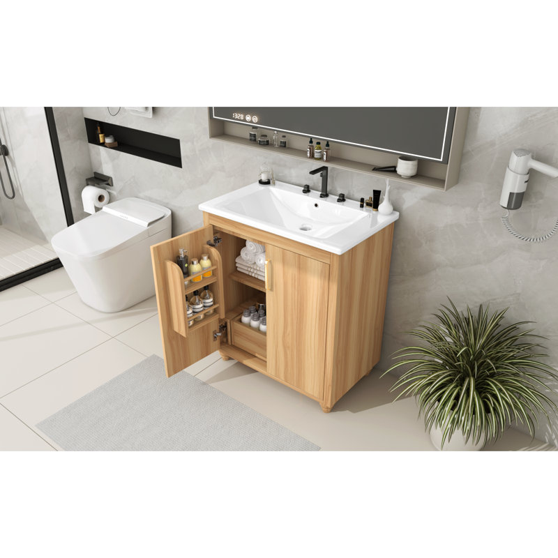 Ensemble de meuble-lavabo 30 po avec lavabo, armoire de salle de bain multifonctionnelle avec portes et tiroir, panneau de fibres à densité moyenne, naturel (ancien SKU: WF319484AAG)
