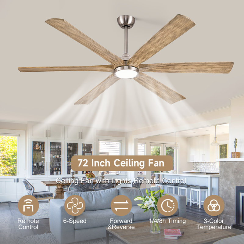 Modern 6 Blade Solid Wood Ceiling Fan With Led Light And Remote, Nickel, Natural, 72" Wide