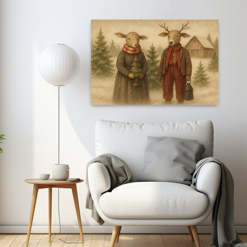 Art primitif de forêt de cerfs vintage rustique fantaisiste, H 24 po x l 36 po