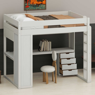 High Loft Bed Featuring an L-Shaped Desk with Drawers, Smart APP-Controlled LED Lighting and USB Charging Ports