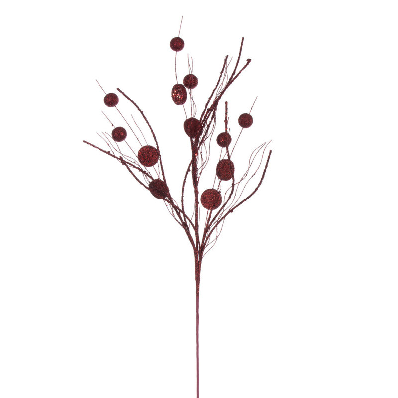 33" Ball and Coin Glitter Twig Spray, 6 per bag., Burgundy Red