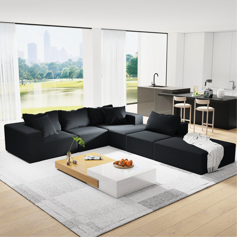 Modulaire de salon moderne en L de 132 po avec rembourrage en mousse et rembourrage en chenille sans assemblage requis