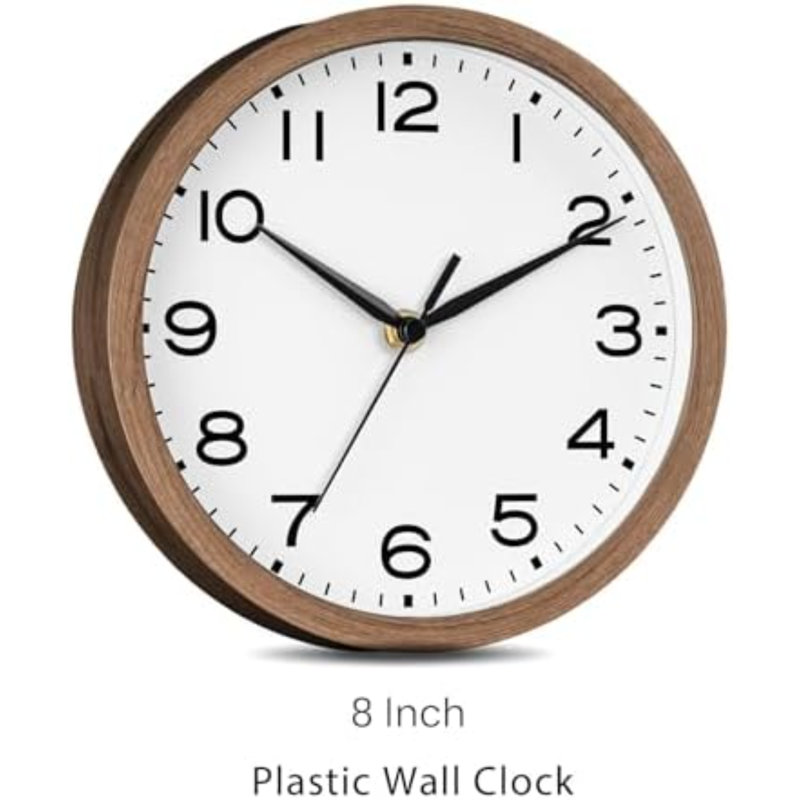 Horloge murale 8 pouces, horloge analogique silencieuse à piles, noyer