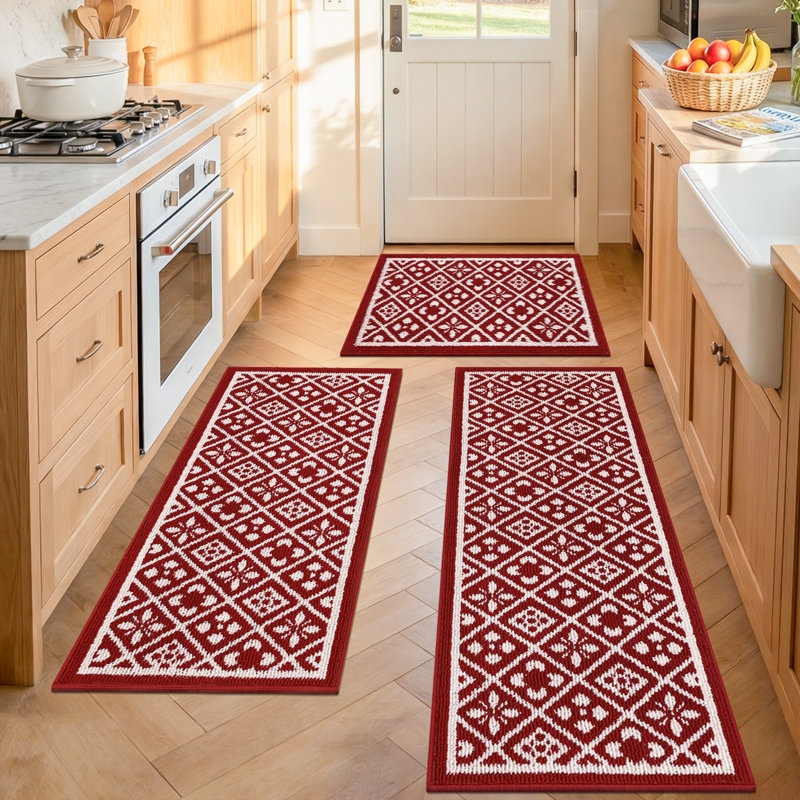 Non-Skid Washable Kitchen Mat (Set of 3), Red