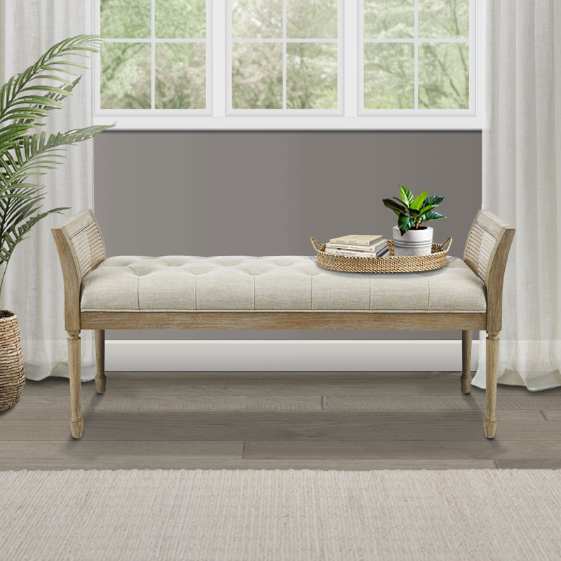 Martha Stewart Isla Tufted Upholstered and Cane Accent Bench