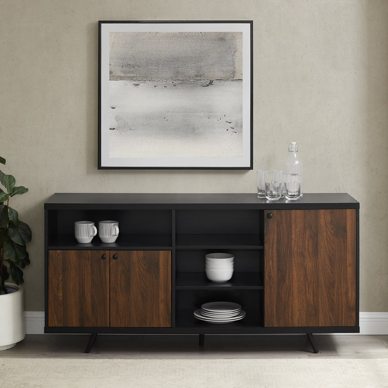Scylla Unfinished Sideboard with Fireplace Included, Solid Black/Dark Walnut