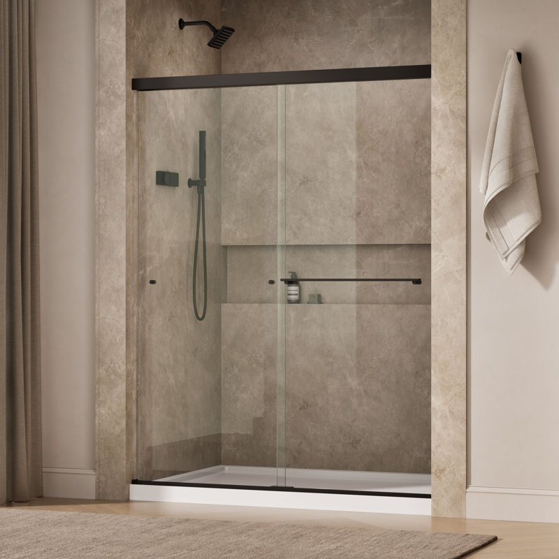 Revel 59.63'' x 76'' Double Sliding Shower Door with CleanCoat® Technology, Anodized Dark Bronze, Crystal Clear