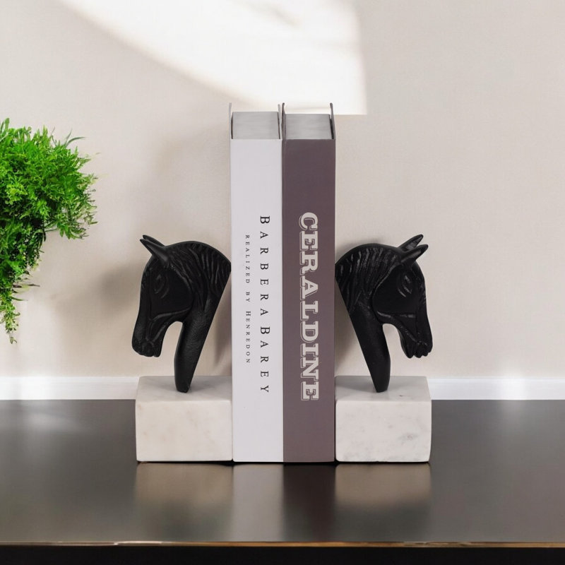 Modern Decorative Bookends Horse Head Sculpture on Marble Base - Heavy Duty for Bookshelf Decor, Stylish Home & Shelf Decor Accent - Set of 2, 7", Black/White