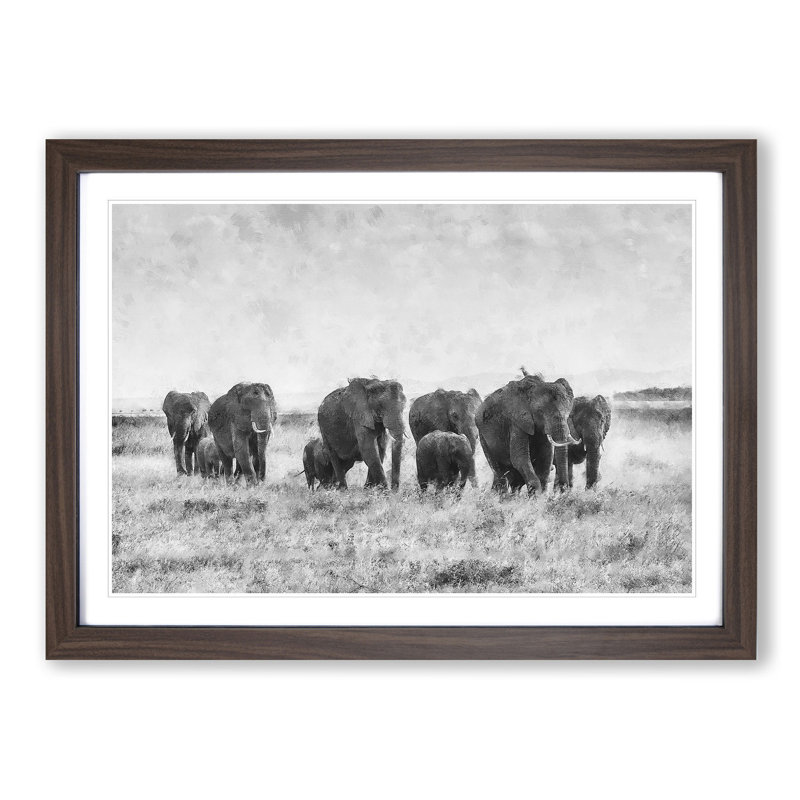 Herd of Elephants Roaming - Picture Frame Painting Print, 62cm H x 87cm W x 2cm D, Walnut Framed