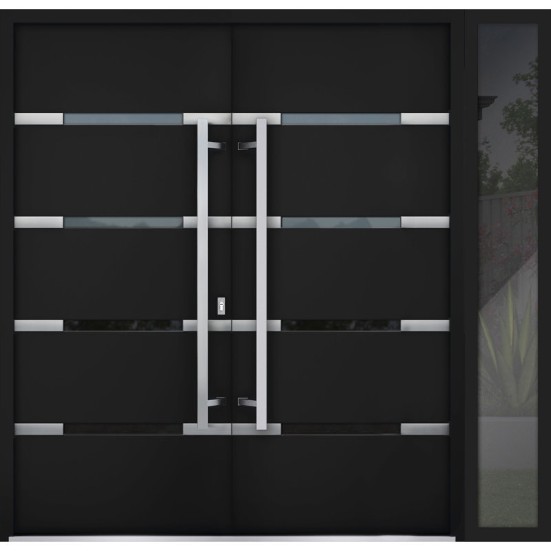 Porte d'entrée extérieure double prémontée en métal Deux 1105, avec imposte latérale en verre miroir émaillé noir, style moderne, peinte, ouverture vers l'intérieur à gauche, dimensions 84 x 80 pouces.