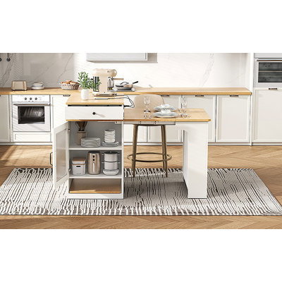 59.5" Kitchen Island With Extendable Dining Table, Kitchen Storage Table With Double-Sided Storage, Kitchen Island With 2 Drawers, Power Outlet, Side Open Shelves, For Kitchen, Dining Room, White