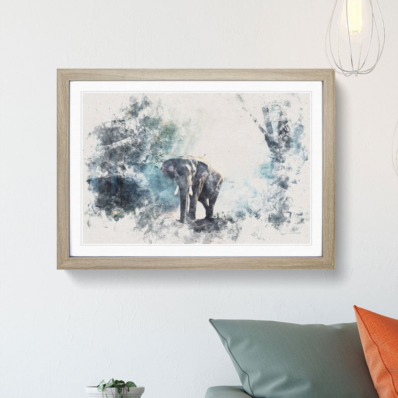 Elephant Roaming In A Green Forest - Picture Frame Painting, 36cm H x 48cm W x 2cm D, Oak Framed