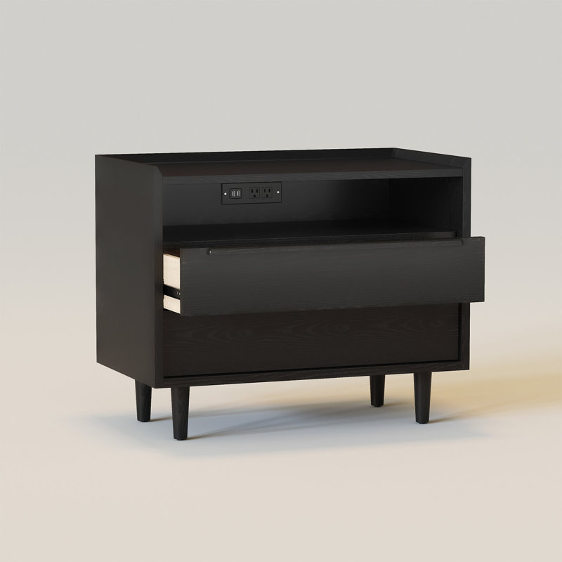 Table de chevet 2 tiroirs Mid-Century avec prises, Noir