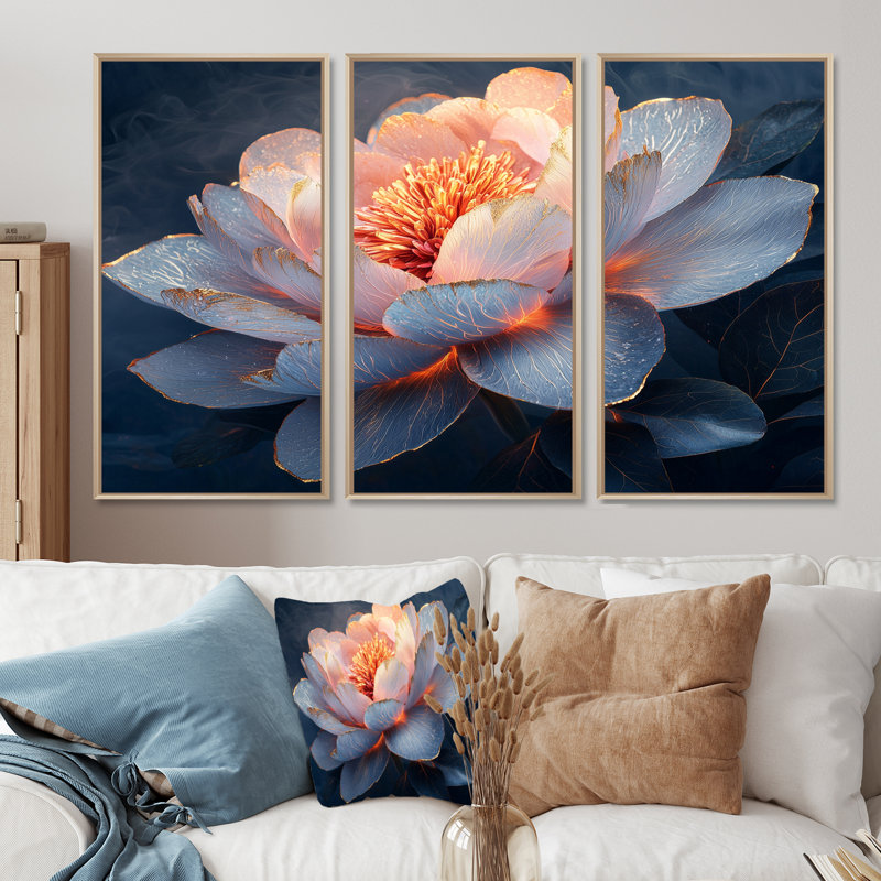 Ensemble de décorations murales pivoines roses et dorées, Toile naturelle avec cadre flottant, H 40 po x l 60 po x P 1 po