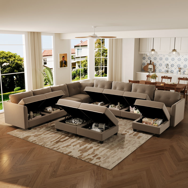 Edorta Upholstered U-Shaped Sectional, Camel Polyester