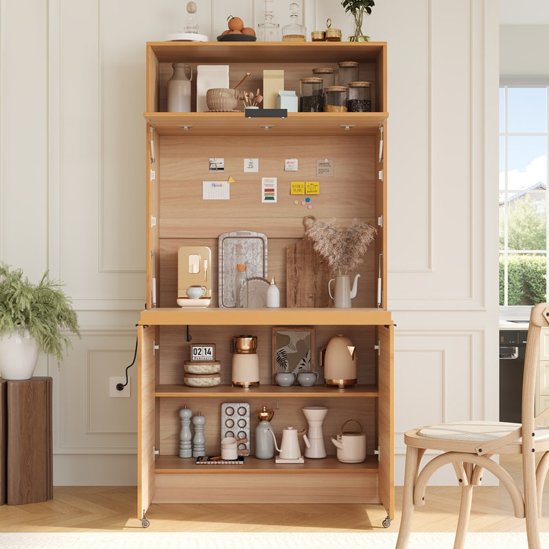 Armoire de cuisine compacte de 69 po de hauteur avec Ã©tagÃ¨re supÃ©rieure et plan de travail rabattable, Naturel