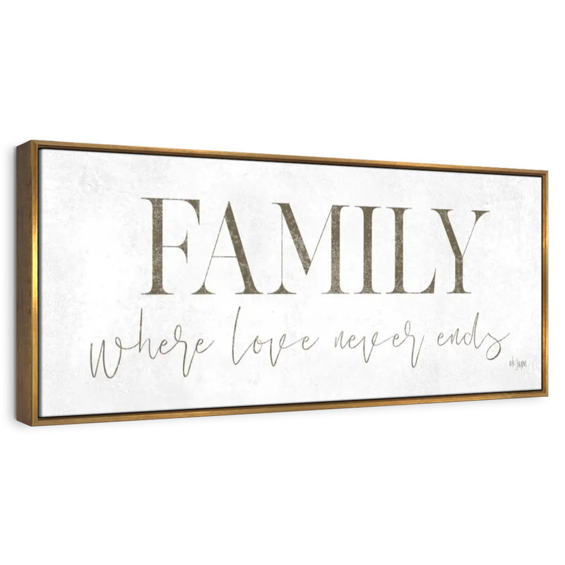 Plaque murale «Family Where Love Never Ends», Cadre flottant doré, 28 po x 10 po