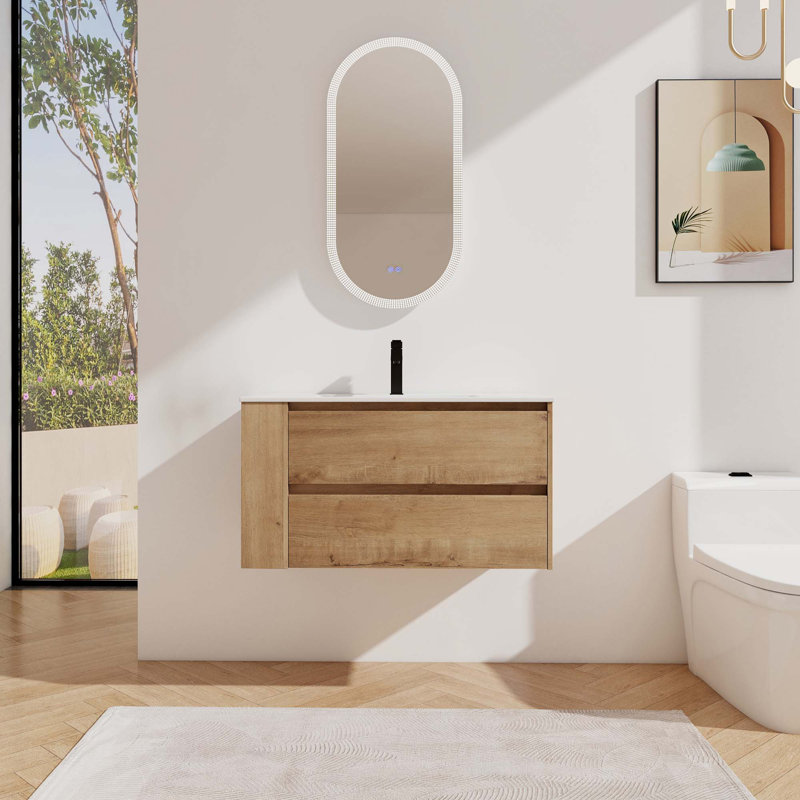 Meuble-lavabo mural 36 po avec lavabo en céramique, Imitation chêne