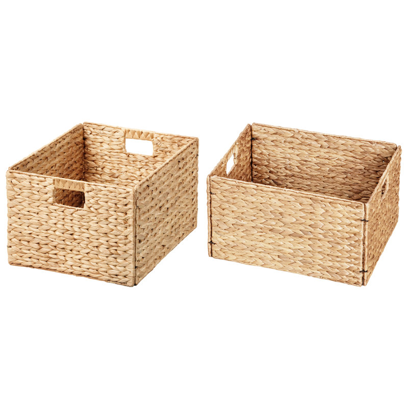Rectangular Natural Water Hyacinth Hand Woven Rattan Wicker Storage Basket Set with Iron Wire Frame, 2